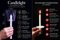 Side-by-side graphic comparing a Candlelight Celebrations clear candle cup with a standard paper candle ring, showing dimensions and feature callouts.